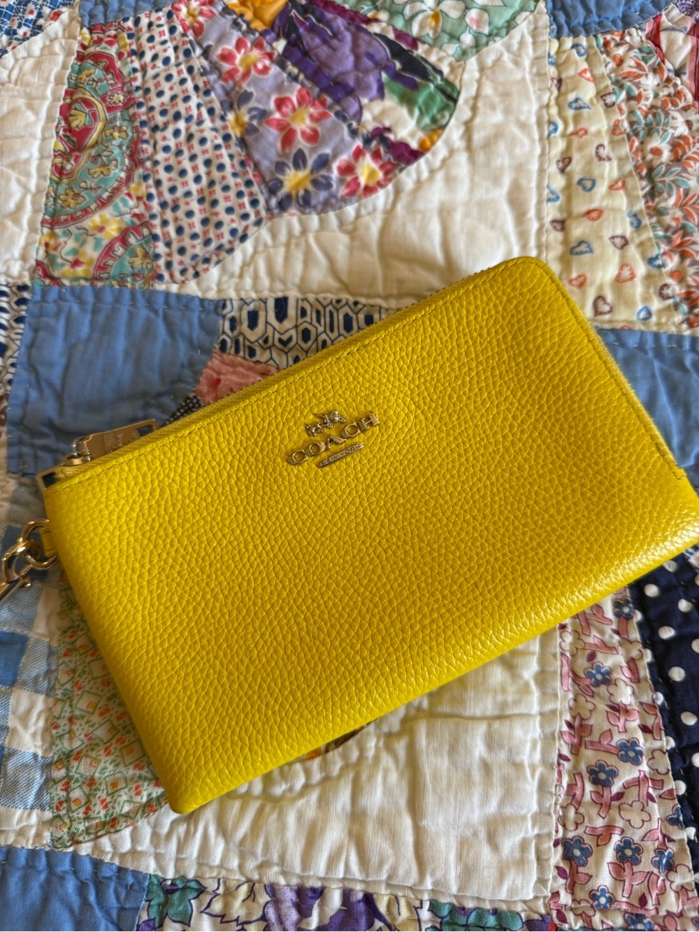Coach Yellow Pebbled Leather Wristlet with Gold-Tone Logo - Picture 2 of 8
